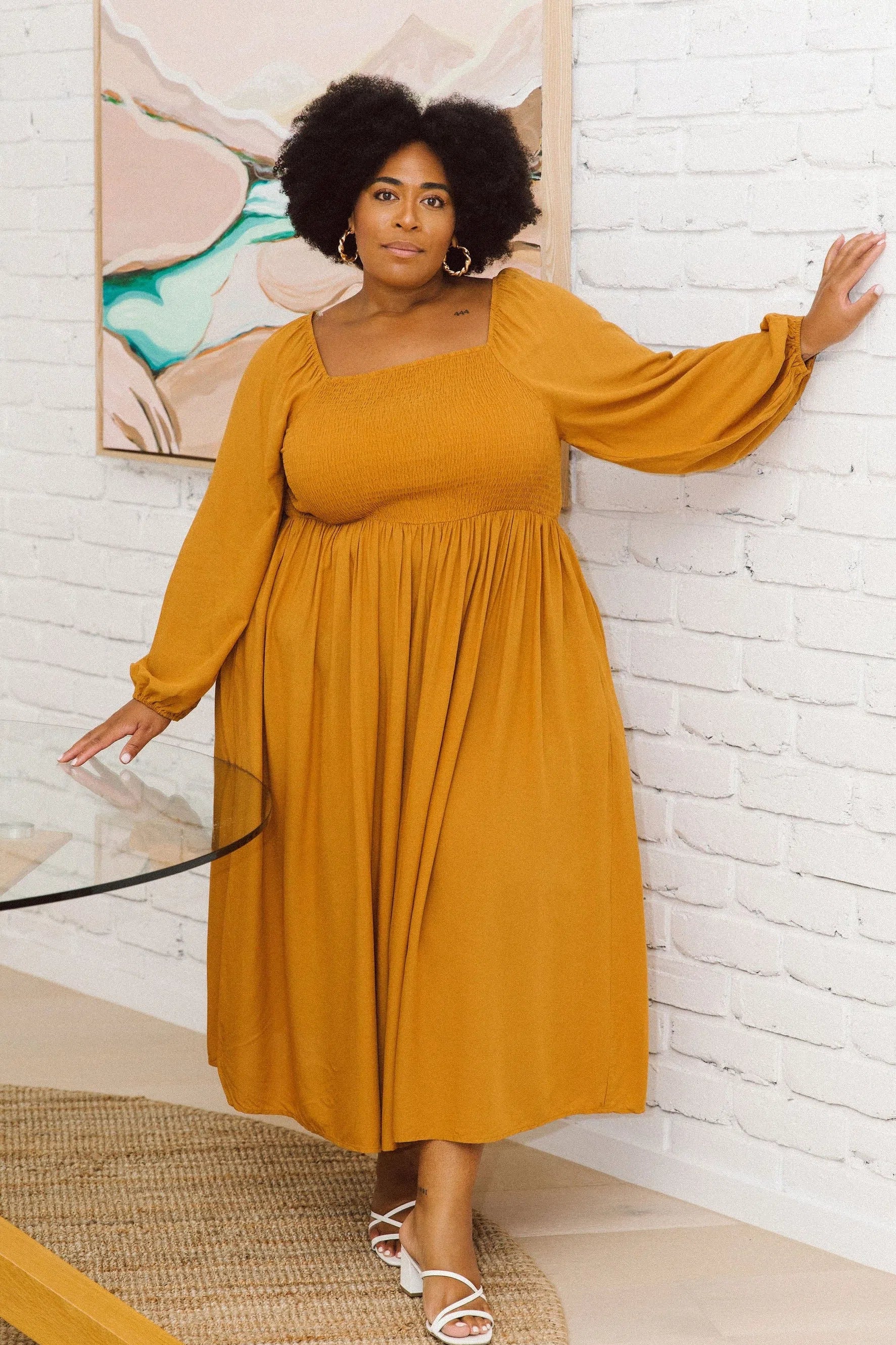 Model showcasing designer plus size dress - Lexi Dress in Honey by Peach The Label